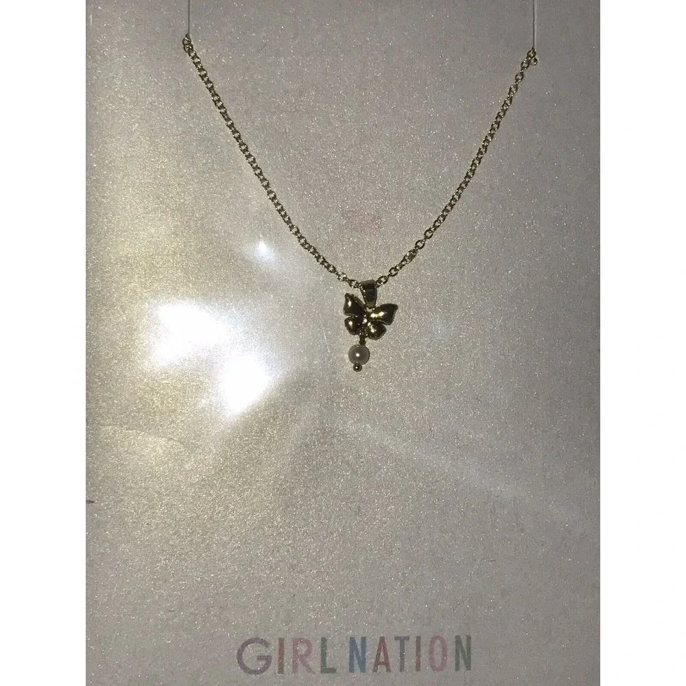 Girl Nation 14K Gold Plated Butterfly Pearl Pendant Necklace Hypoallergenic